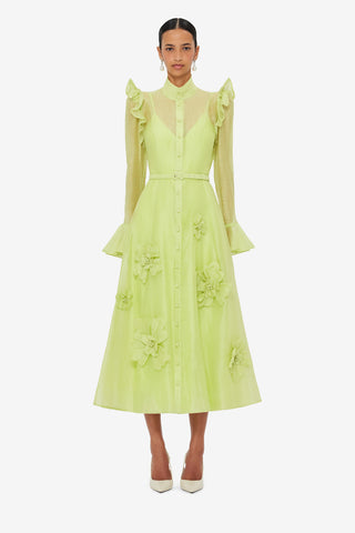 Katrina Petal Butterfly Sleeve Midi Dress - Chartreuse