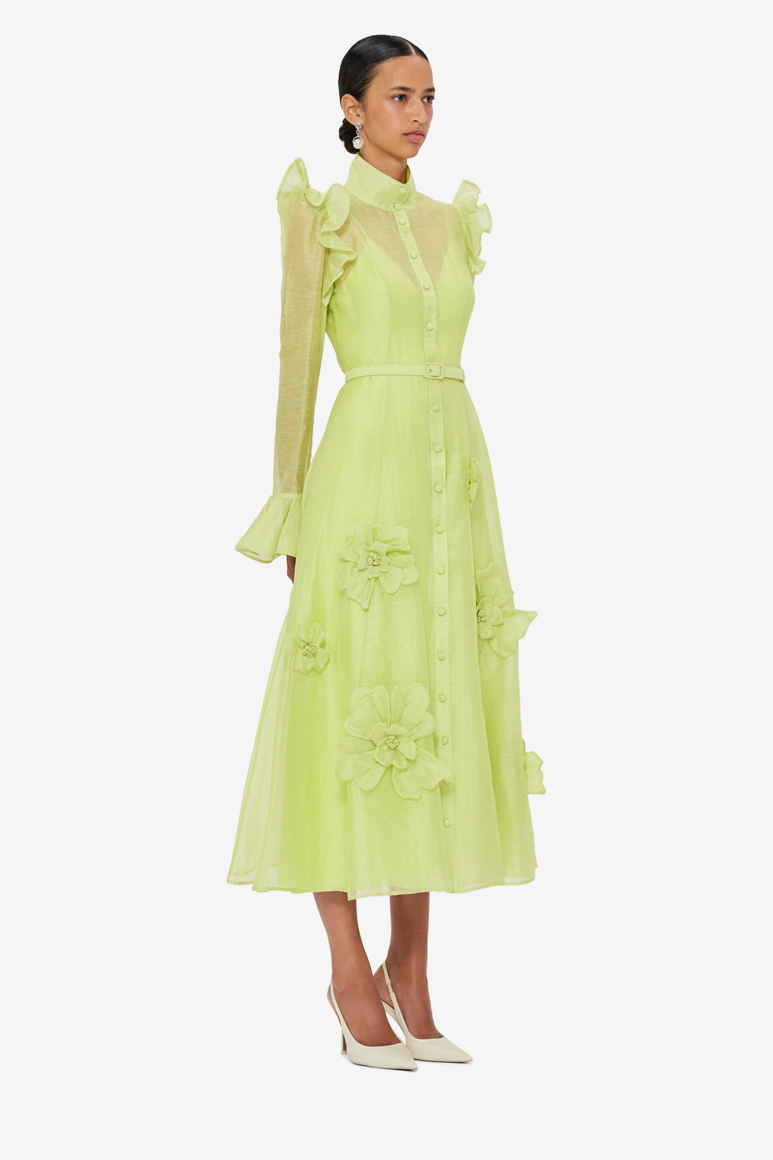 Katrina Petal Butterfly Sleeve Midi Dress - Chartreuse