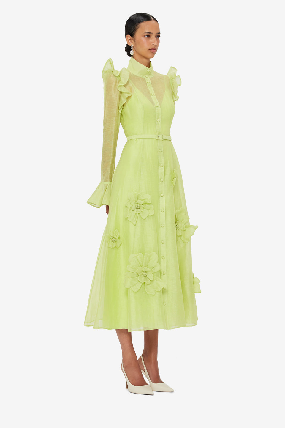 Katrina Petal Butterfly Sleeve Midi Dress - Chartreuse