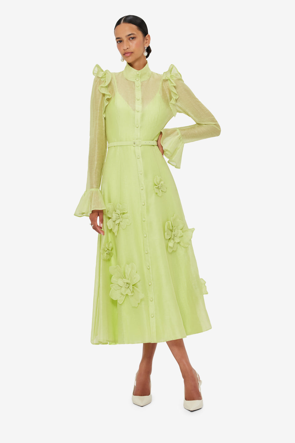 Katrina Petal Butterfly Sleeve Midi Dress - Chartreuse