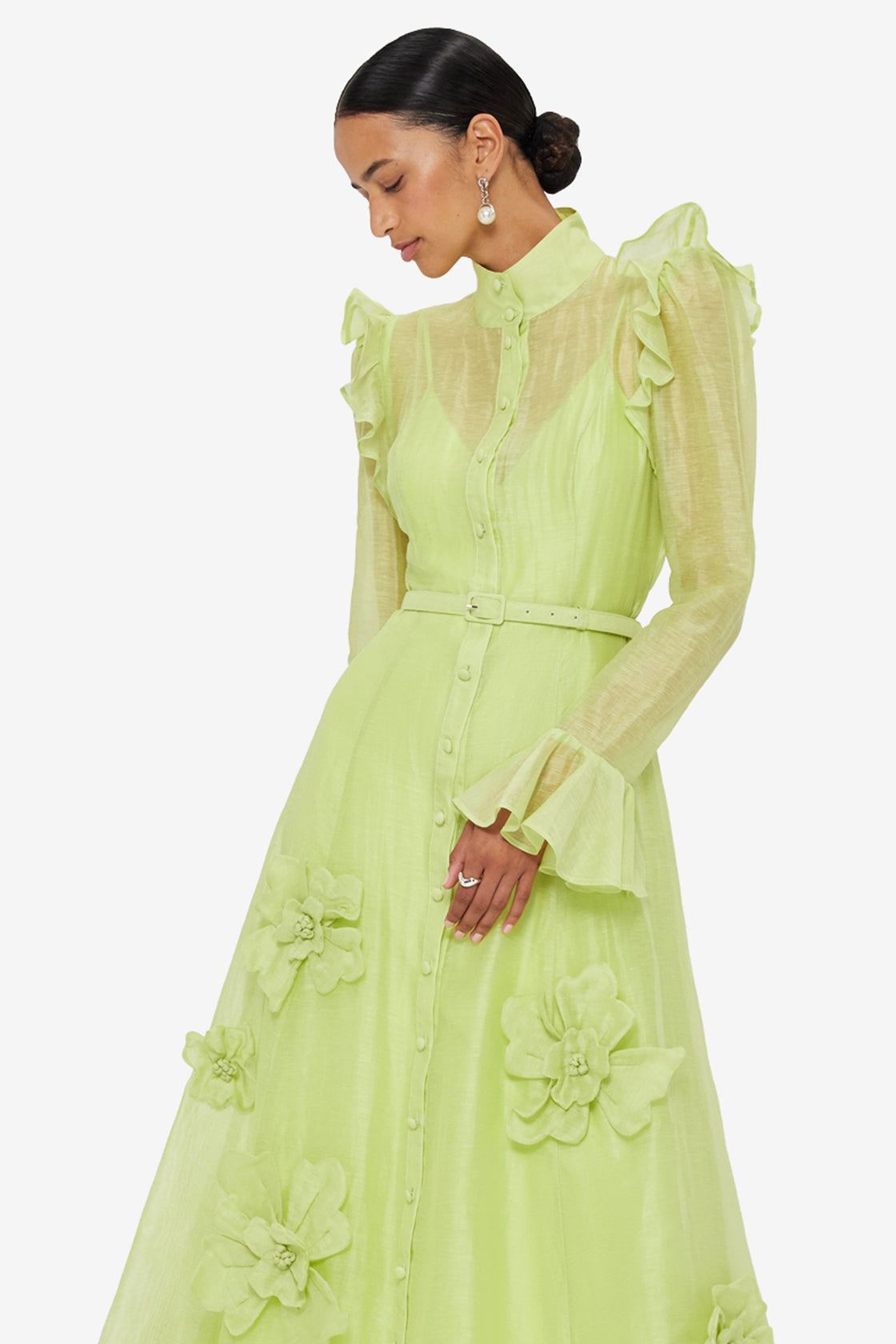 Katrina Petal Butterfly Sleeve Midi Dress - Chartreuse