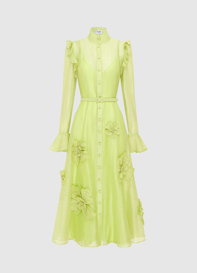 Exclusive LEO LIN Katrina Petal Butterfly Sleeve Midi Dress - Chartreuse