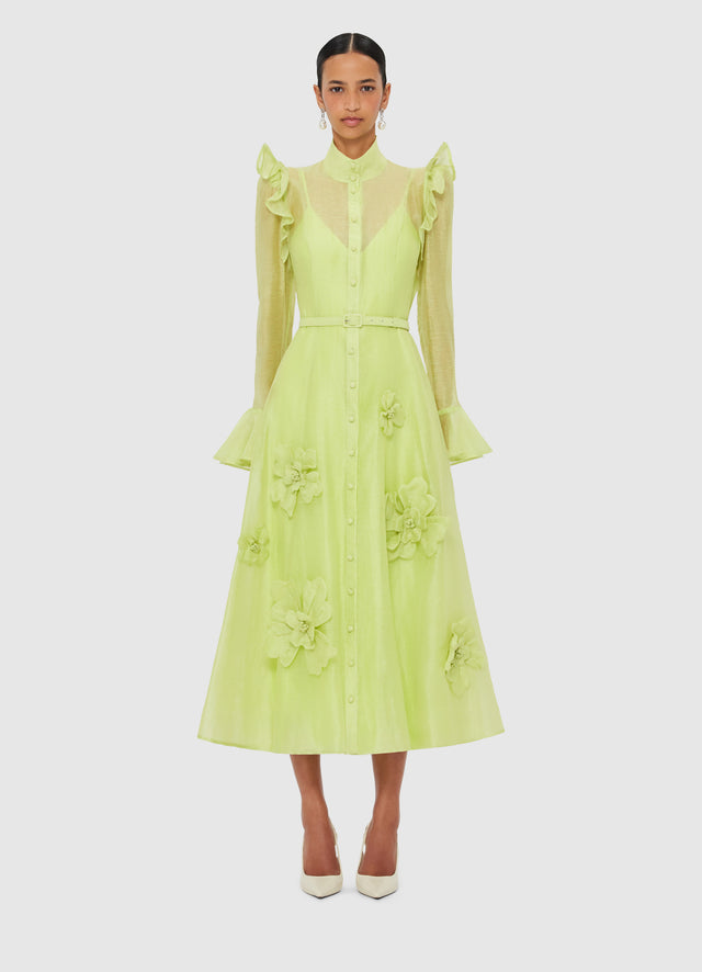 Exclusive LEO LIN Katrina Petal Butterfly Sleeve Midi Dress - Chartreuse