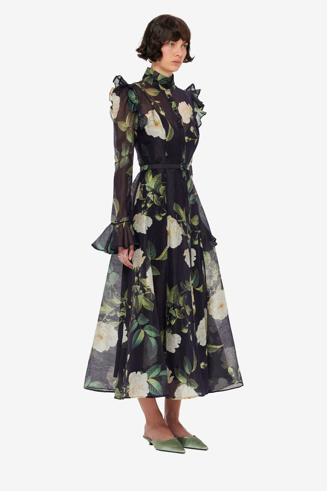 Katrina Butterfly Sleeve Midi Dress - White Rose Print