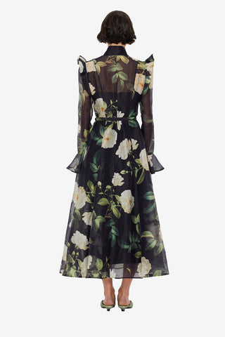 Katrina Butterfly Sleeve Midi Dress - White Rose Print