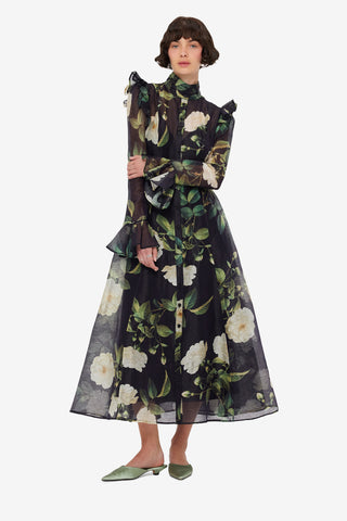 Katrina Butterfly Sleeve Midi Dress - White Rose Print