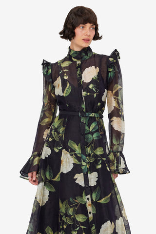 Katrina Butterfly Sleeve Midi Dress - White Rose Print