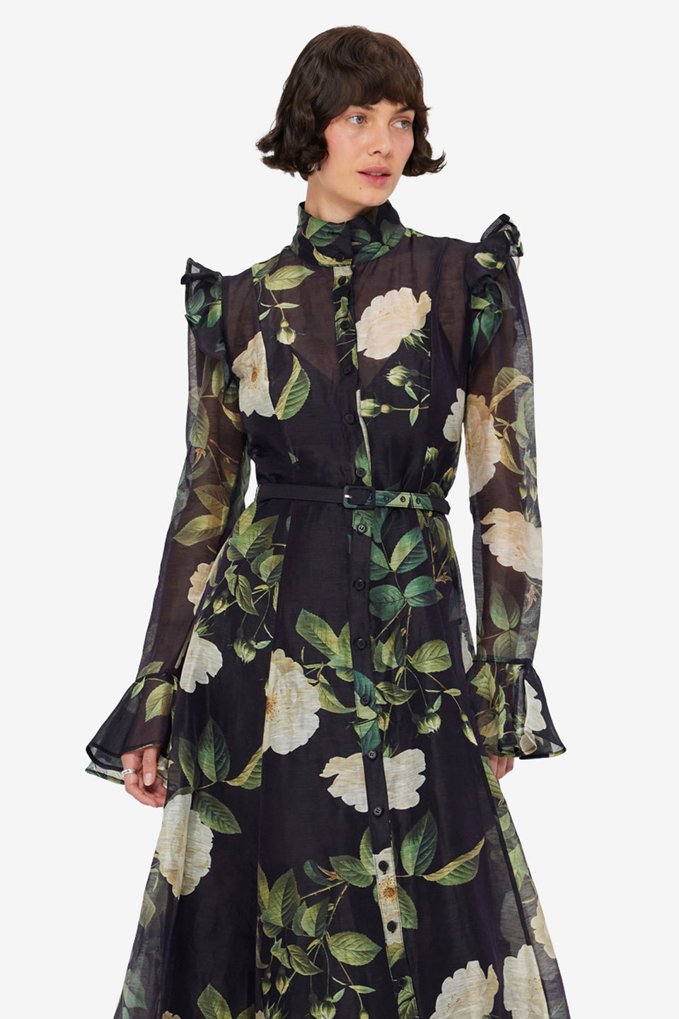 Katrina Butterfly Sleeve Midi Dress - White Rose Print