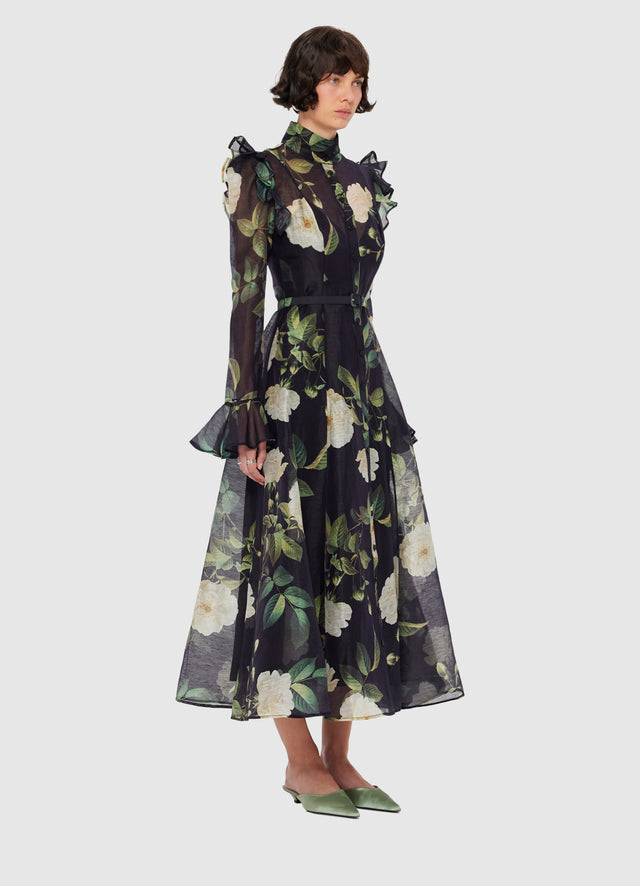 Exclusive LEO LIN Katrina Butterfly Sleeve Midi Dress - White Rose Print