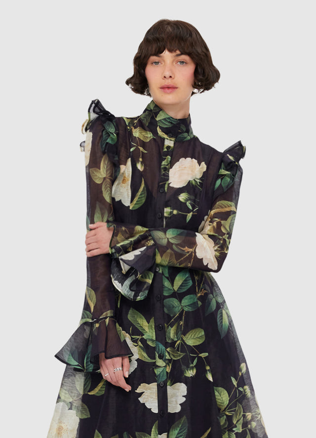 Exclusive LEO LIN Katrina Butterfly Sleeve Midi Dress - White Rose Print