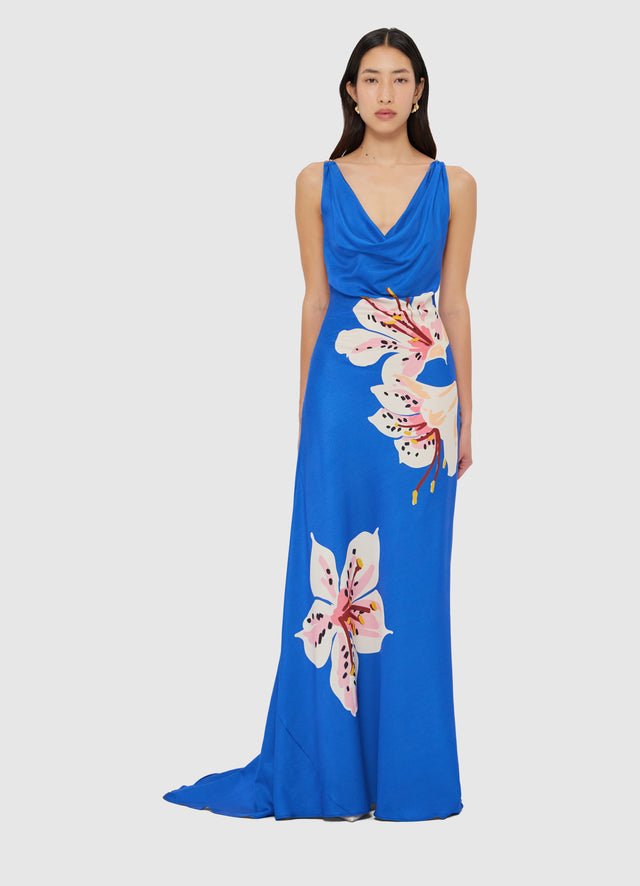 Exclusive LEO LIN Imogen Gown - Lily Print in Cobalt