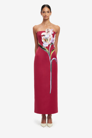 Rayna Appliqué Floral Maxi Dress - Lily Print in Oxblood
