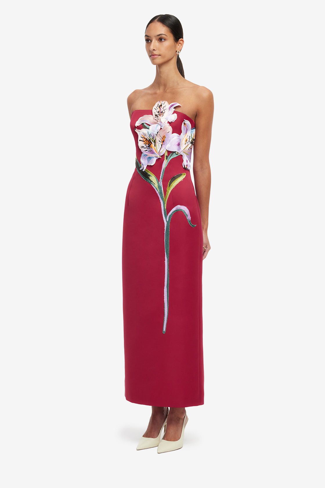 Rayna Appliqué Floral Maxi Dress - Lily Print in Oxblood