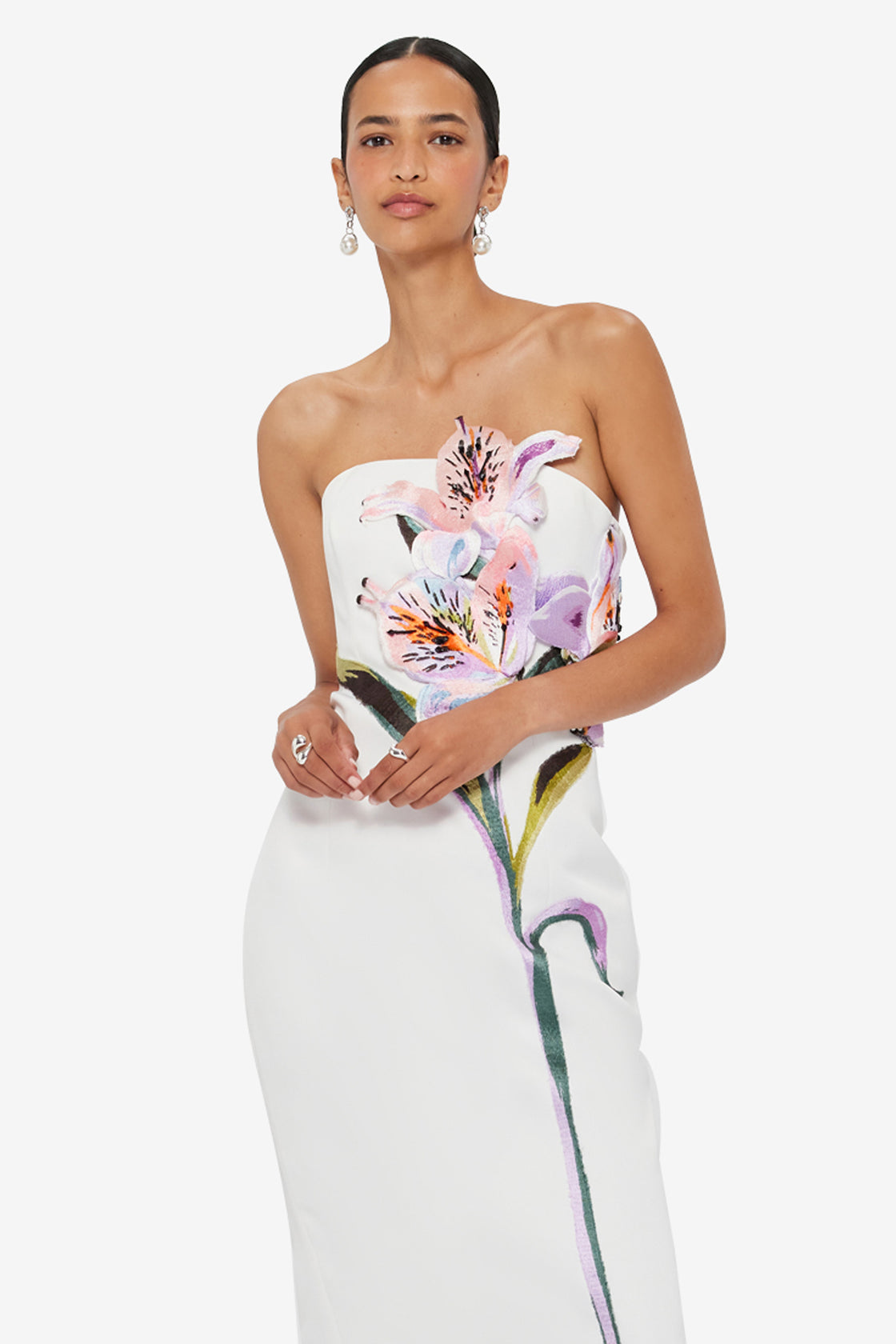 Rayna Appliqué Floral Maxi Dress - Lily Print in Snow