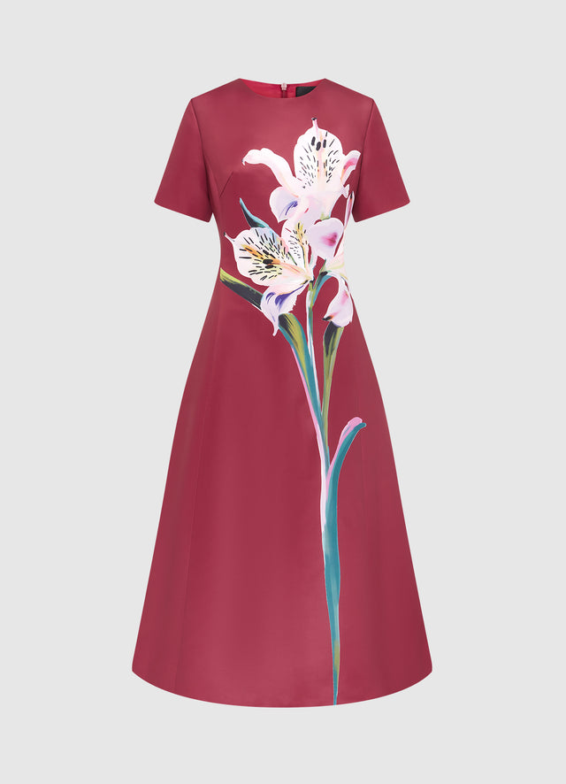 Exclusive LEO LIN Caroline Short Sleeve Midi Dress - Lily Print in Burgundy
