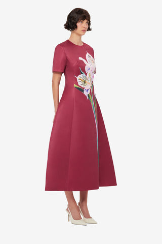 Caroline Short Sleeve Midi Dress - Lily Print in Burgundy