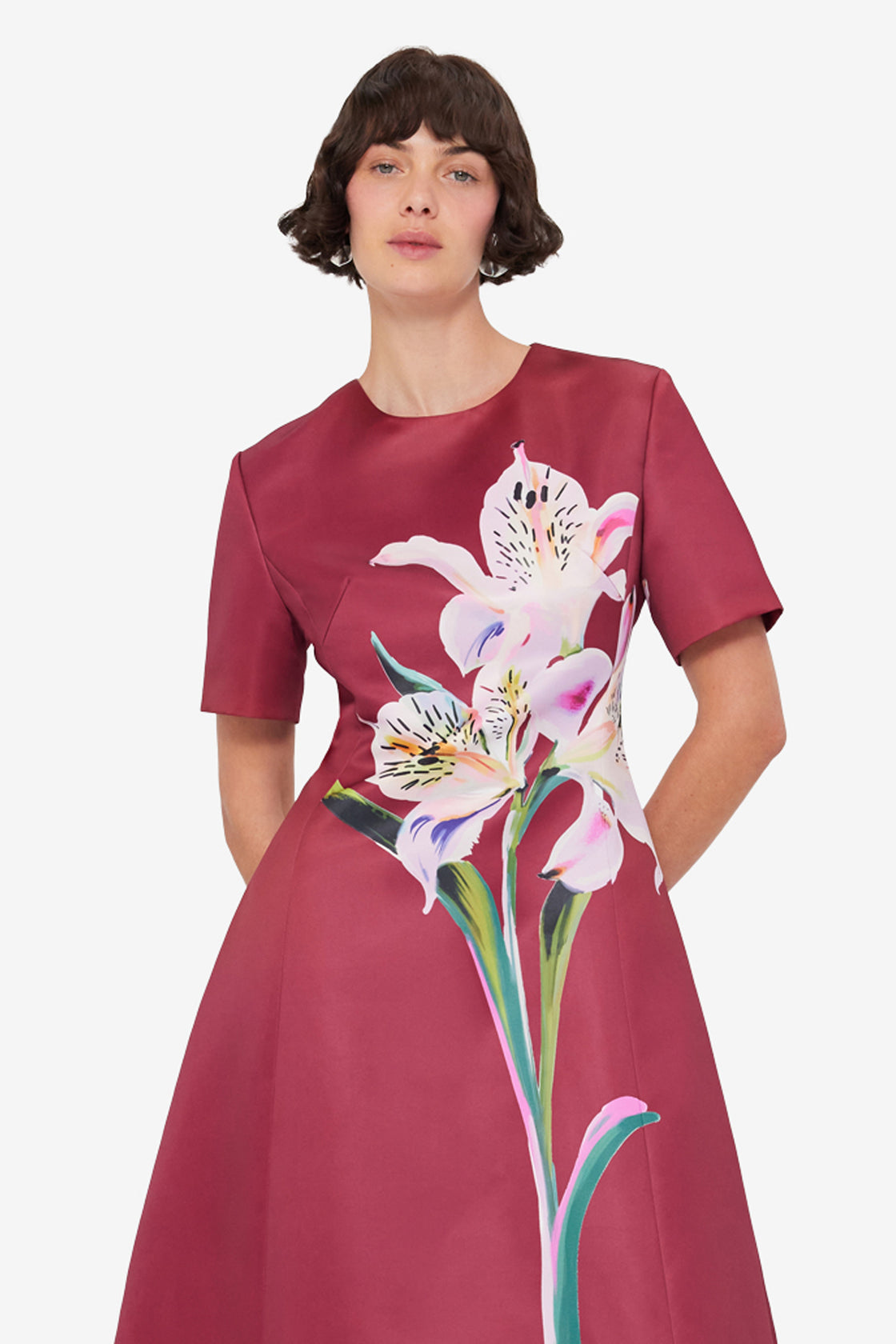 Caroline Short Sleeve Midi Dress - Lily Print in Burgundy