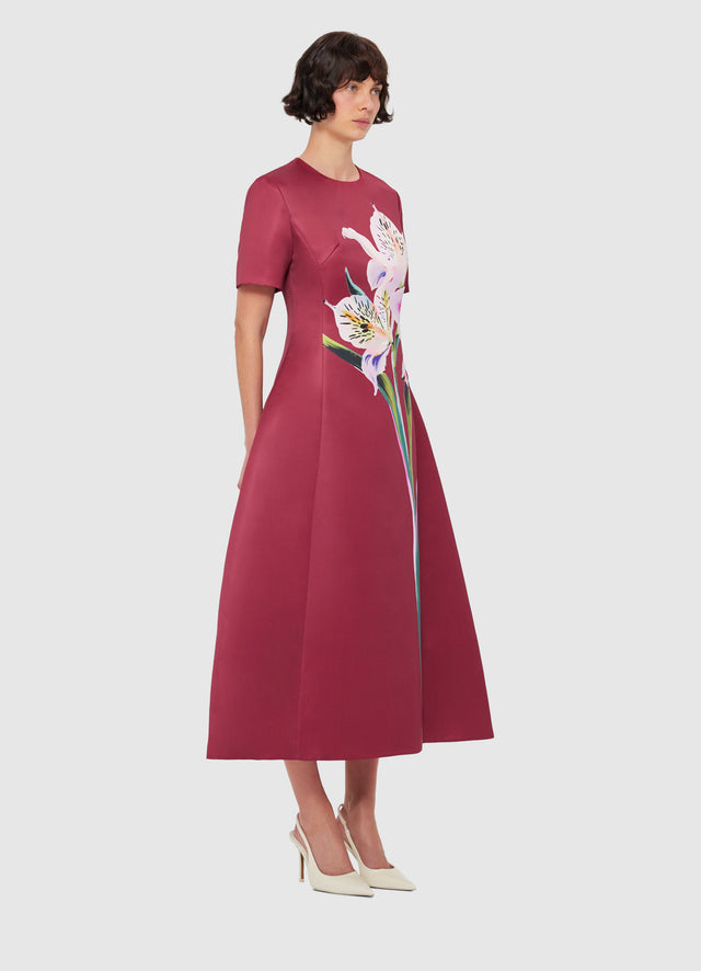 Exclusive LEO LIN Caroline Short Sleeve Midi Dress - Lily Print in Burgundy
