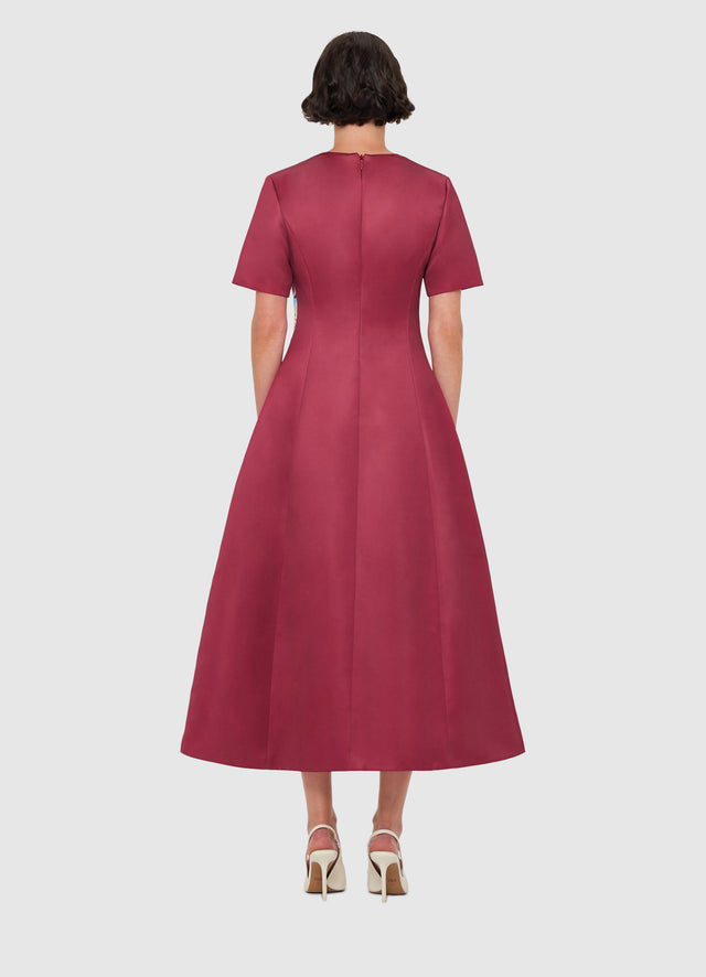 Exclusive LEO LIN Caroline Short Sleeve Midi Dress - Lily Print in Burgundy