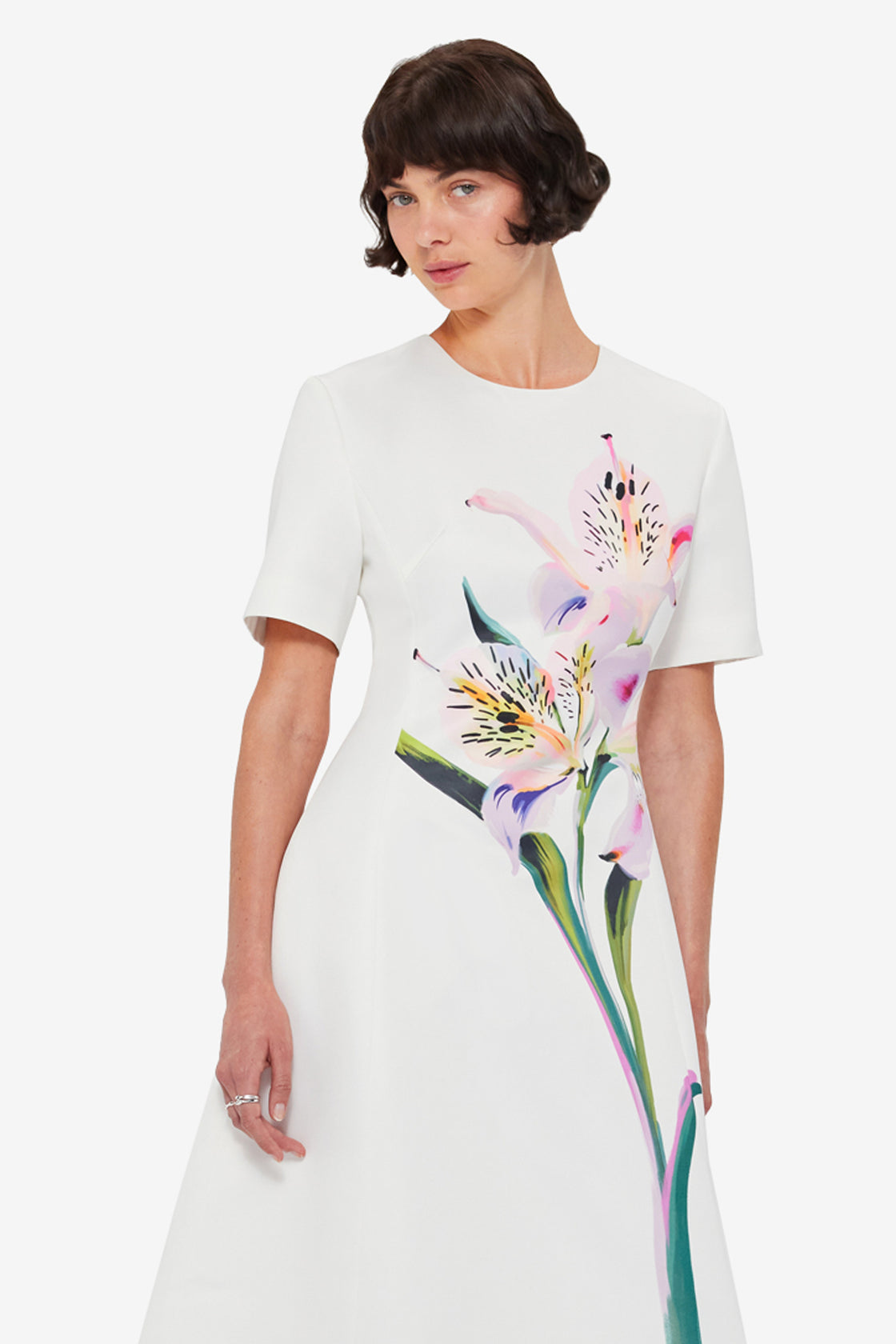 Caroline Short Sleeve Midi Dress - Lily Print in Snow