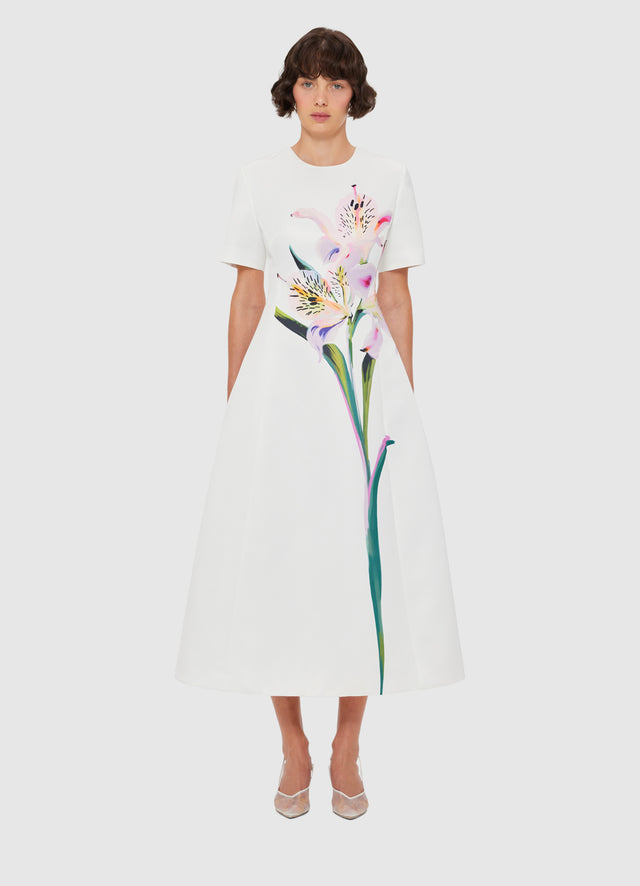 Exclusive LEO LIN Caroline Short Sleeve Midi Dress - Lily Print in Snow
