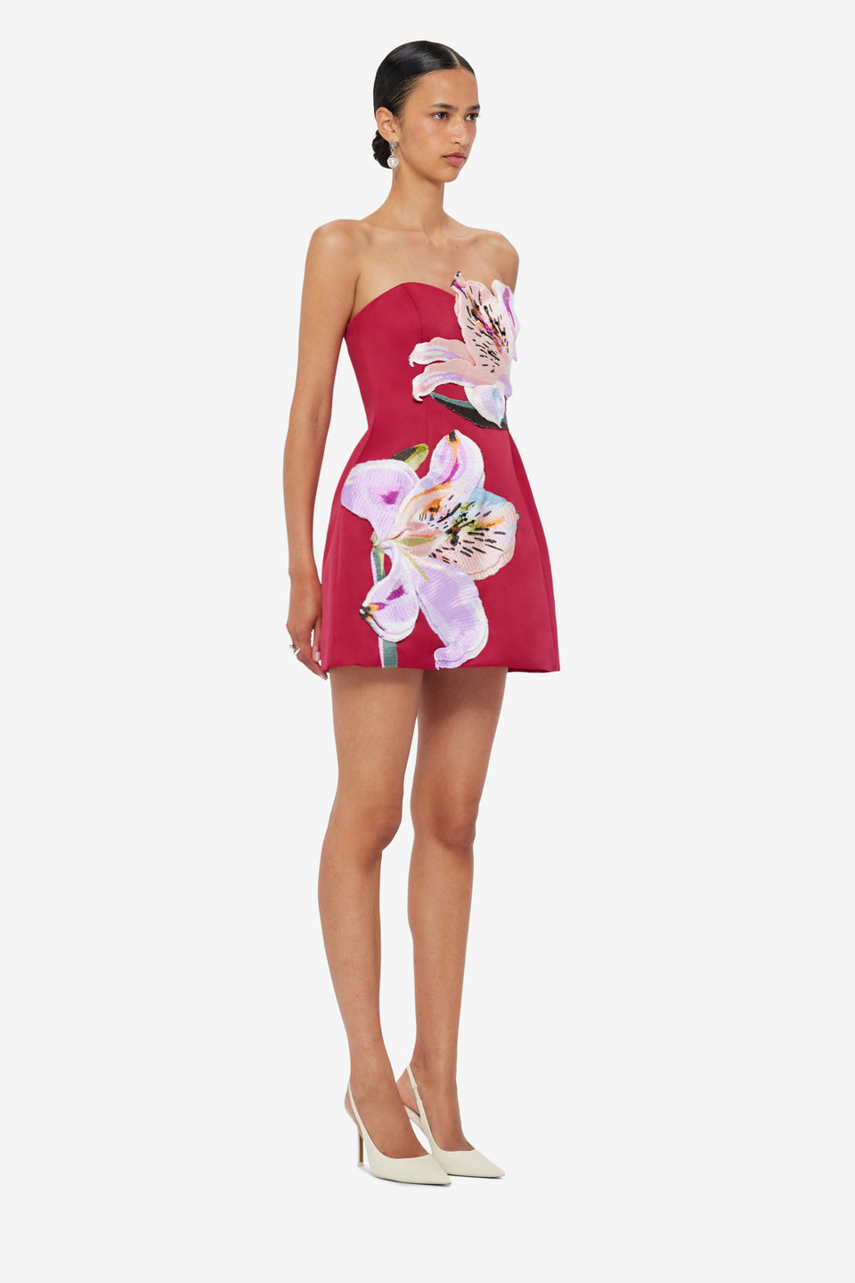 Rosario Appliqué Floral Bustier Mini Dress - Lily Print in Oxblood