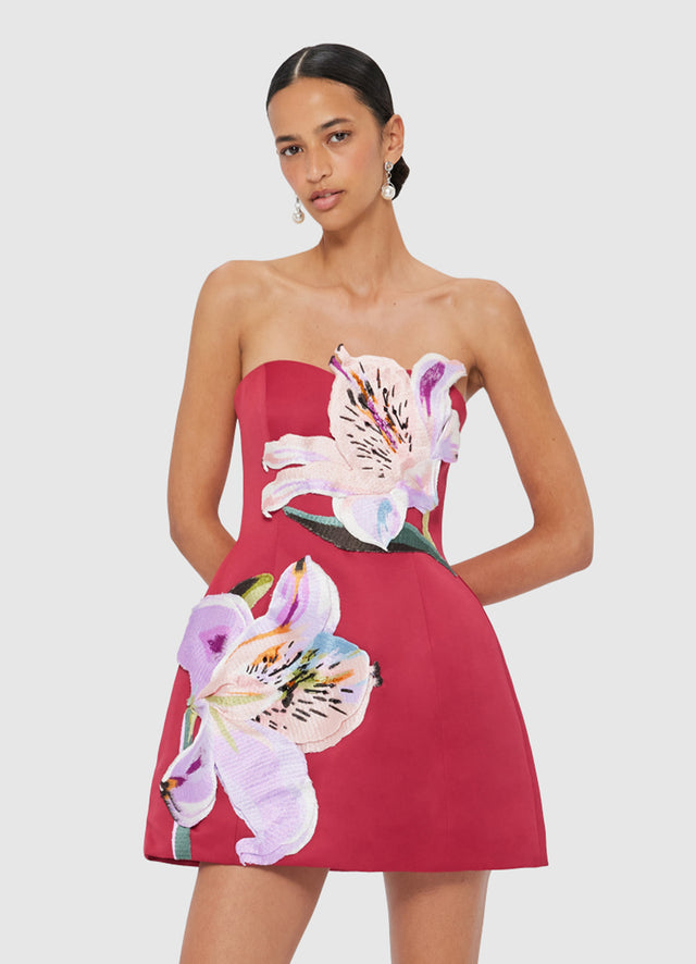 Exclusive LEO LIN Rosario Applique Floral Bustier Mini Dress - Lily Print in Oxblood