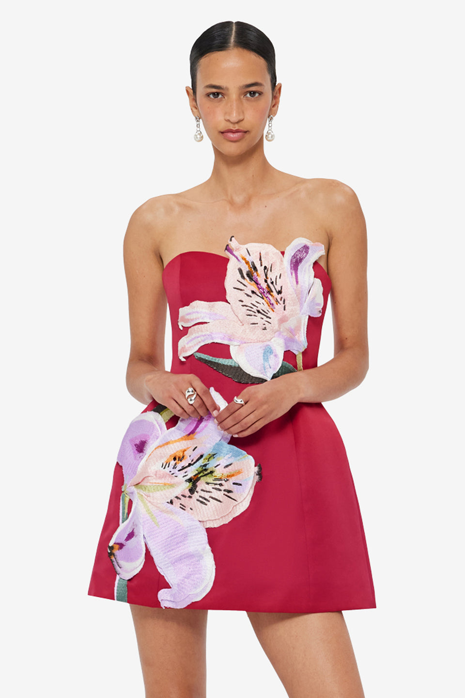Rosario Appliqué Floral Bustier Mini Dress - Lily Print in Oxblood