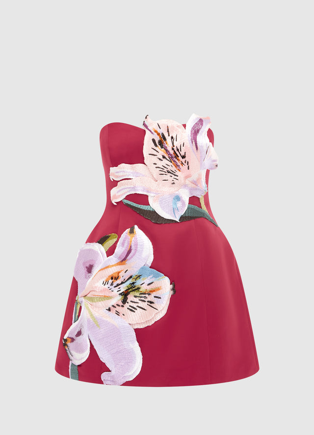 Exclusive LEO LIN Rosario Applique Floral Bustier Mini Dress - Lily Print in Oxblood