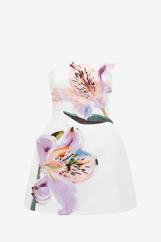 Exclusive LEO LIN Rosario Appliqué Floral Bustier Mini Dress - Lily Print in Snow