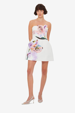 Rosario Appliqué Floral Bustier Mini Dress - Lily Print in Snow