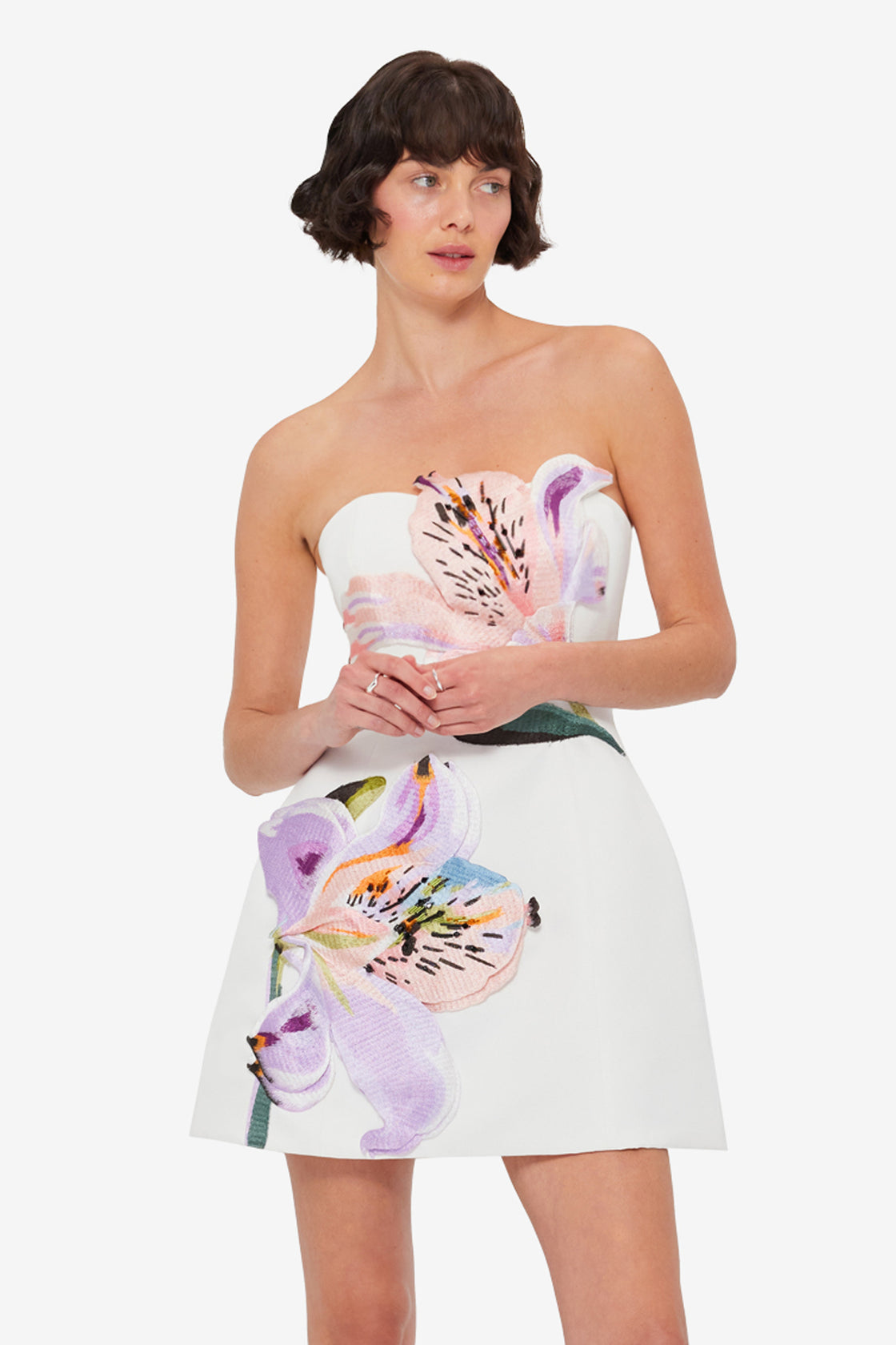 Rosario Appliqué Floral Bustier Mini Dress - Lily Print in Snow