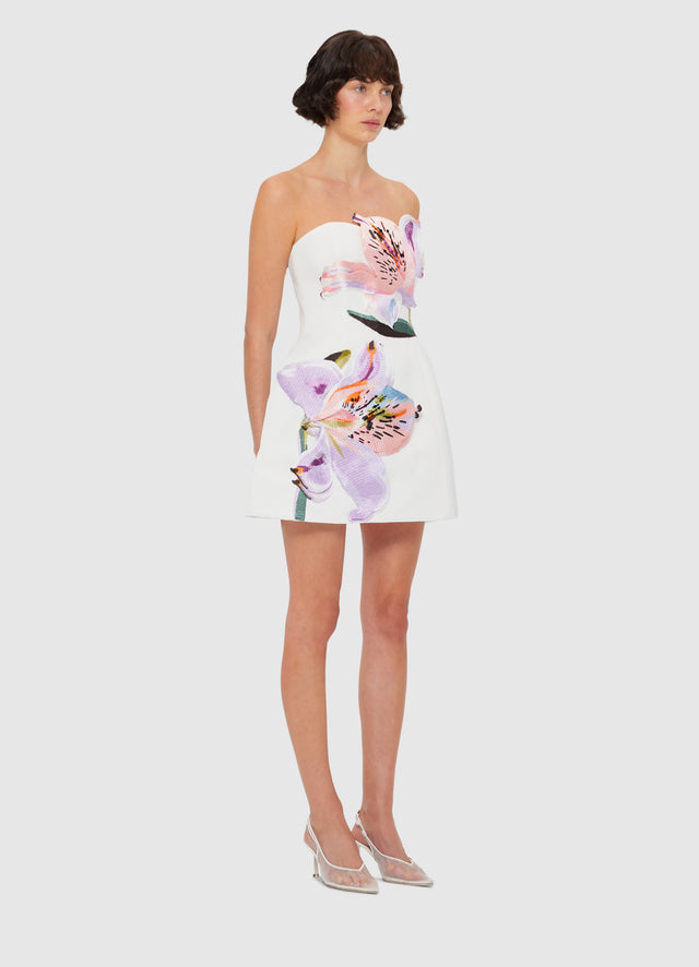Exclusive LEO LIN Rosario Applique Floral Bustier Mini Dress - Lily Print in Snow