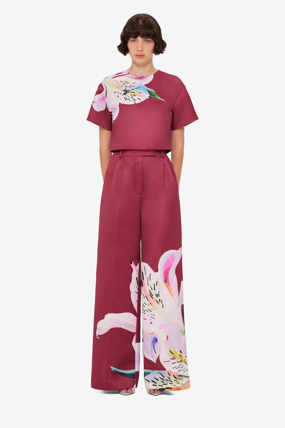 Elisha Wide Leg Pants - Lily Print in Burgundy