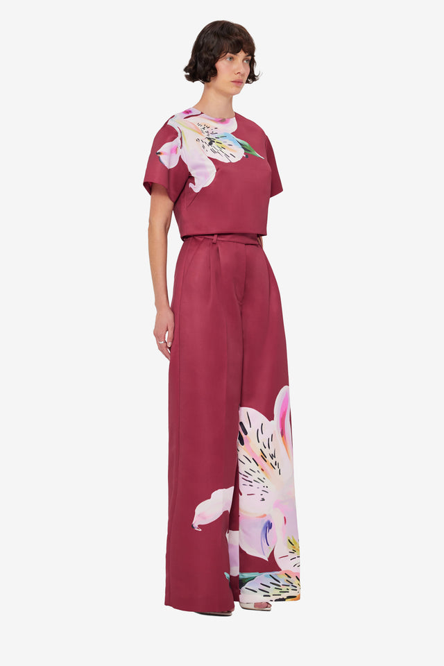 Elisha Wide Leg Pants - Lily Print in Burgundy