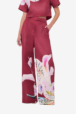 Elisha Wide Leg Pants - Lily Print in Burgundy