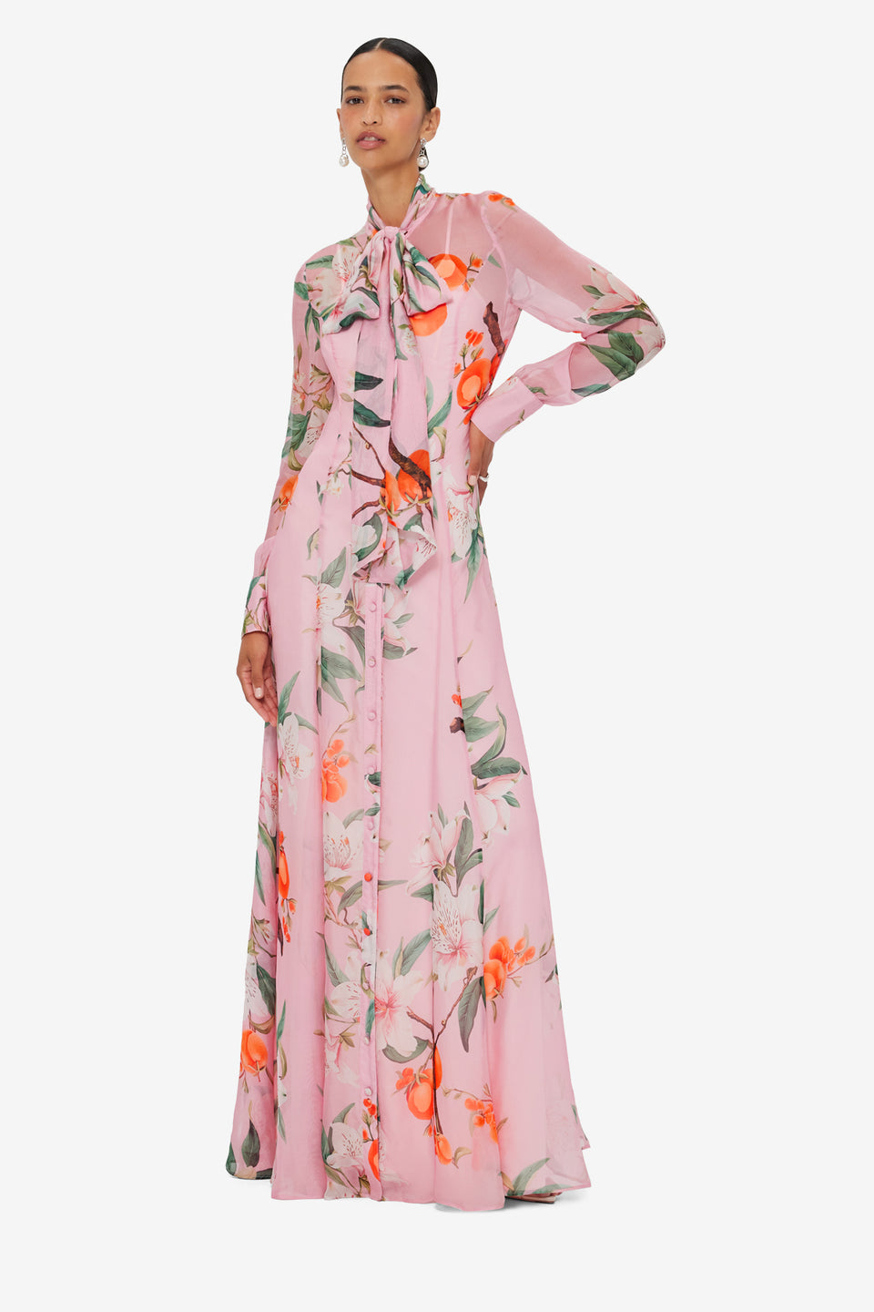 Lilith Tie Neck Maxi Dress - Lavish Print in Pink