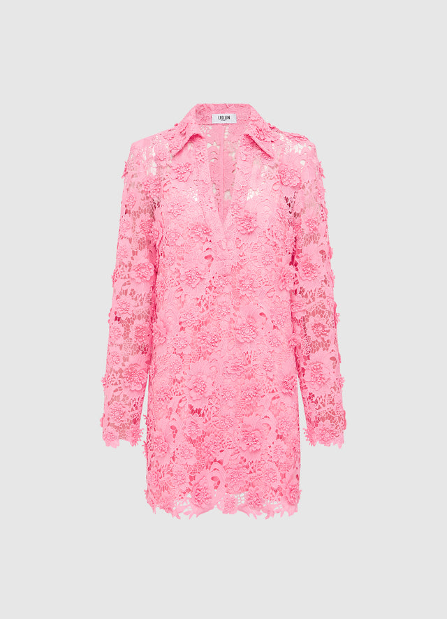 Exclusive LEO LIN Acacia Lace Shirt Mini Dress - Bubblegum
