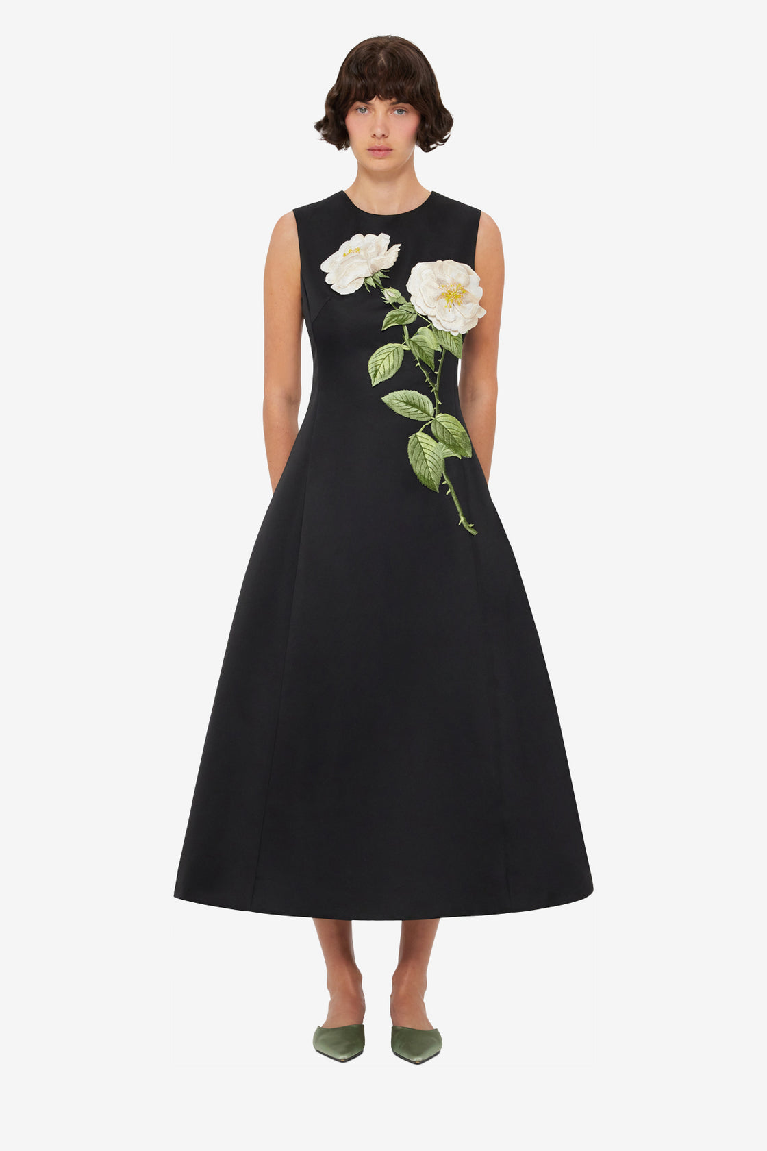 Cleo Embellished Sleeveless Midi Dress - White Rose Print