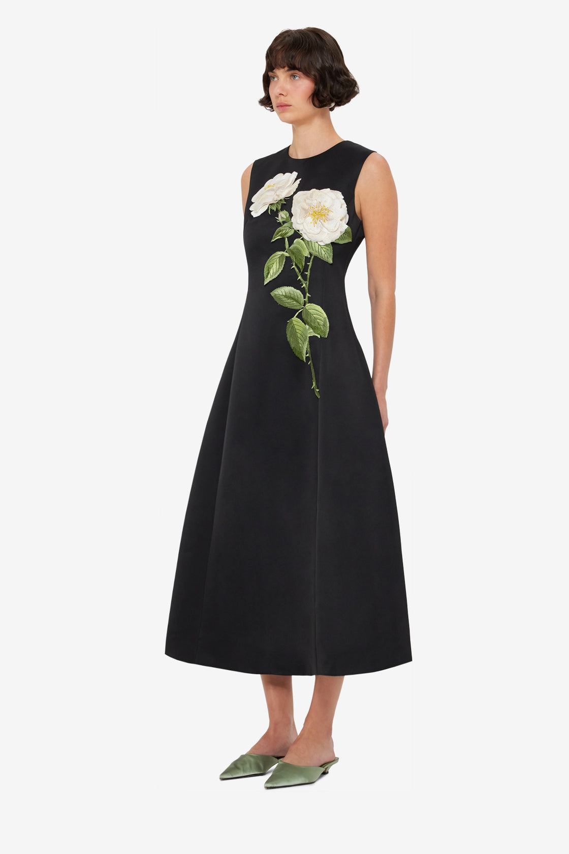 Cleo Embellished Sleeveless Midi Dress - White Rose Print LEO LIN Cleo Embellished Sleeveless Midi Dress - White Rose Print LEO LIN