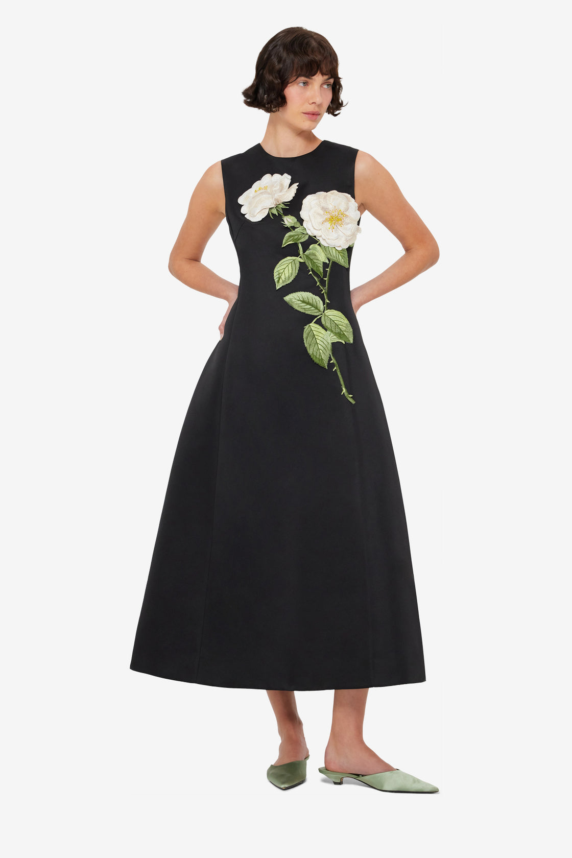 Cleo Embellished Sleeveless Midi Dress - White Rose Print