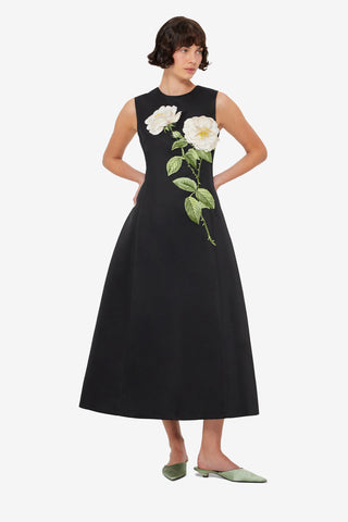 Cleo Embellished Sleeveless Midi Dress - White Rose Print