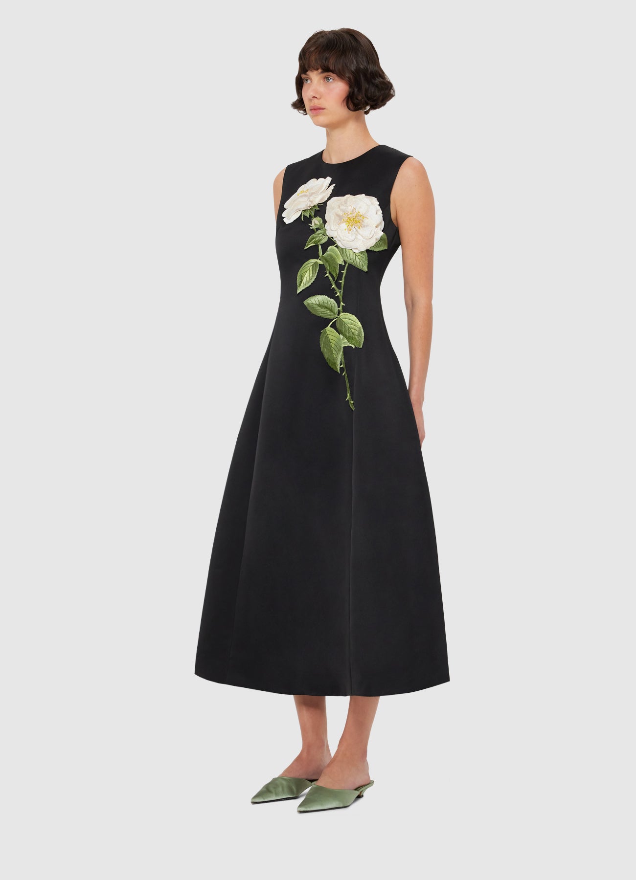 Cleo Embellished Sleeveless Midi Dress - White Rose Print