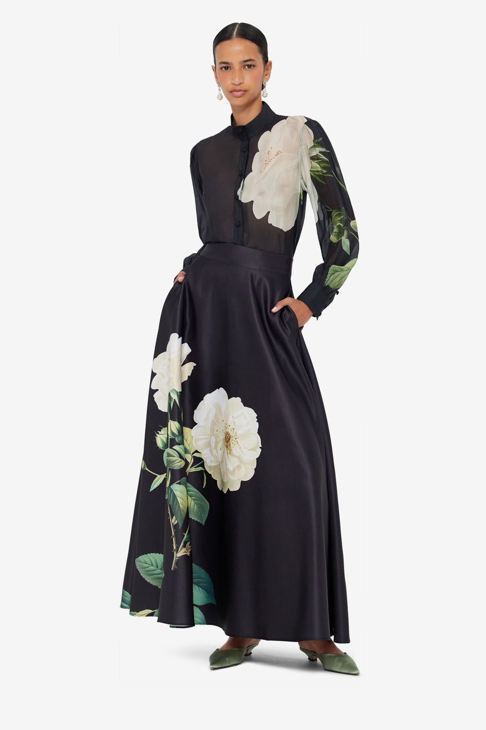 Rosalyn Maxi Skirt - White Rose Print