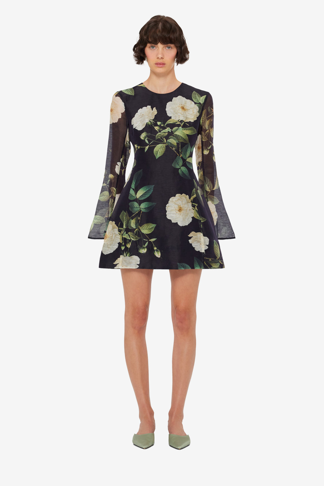 Suzanne Bell Sleeve Mini Dress - White Rose Print LEO LIN Suzanne Bell Sleeve Mini Dress - White Rose Print LEO LIN