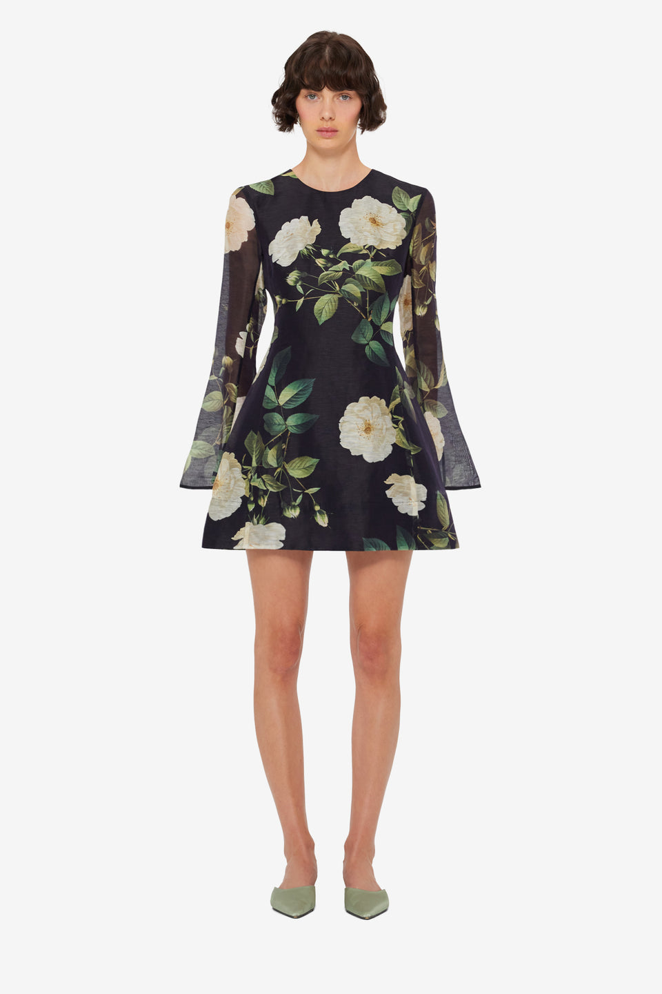 Suzanne Bell Sleeve Mini Dress - White Rose Print