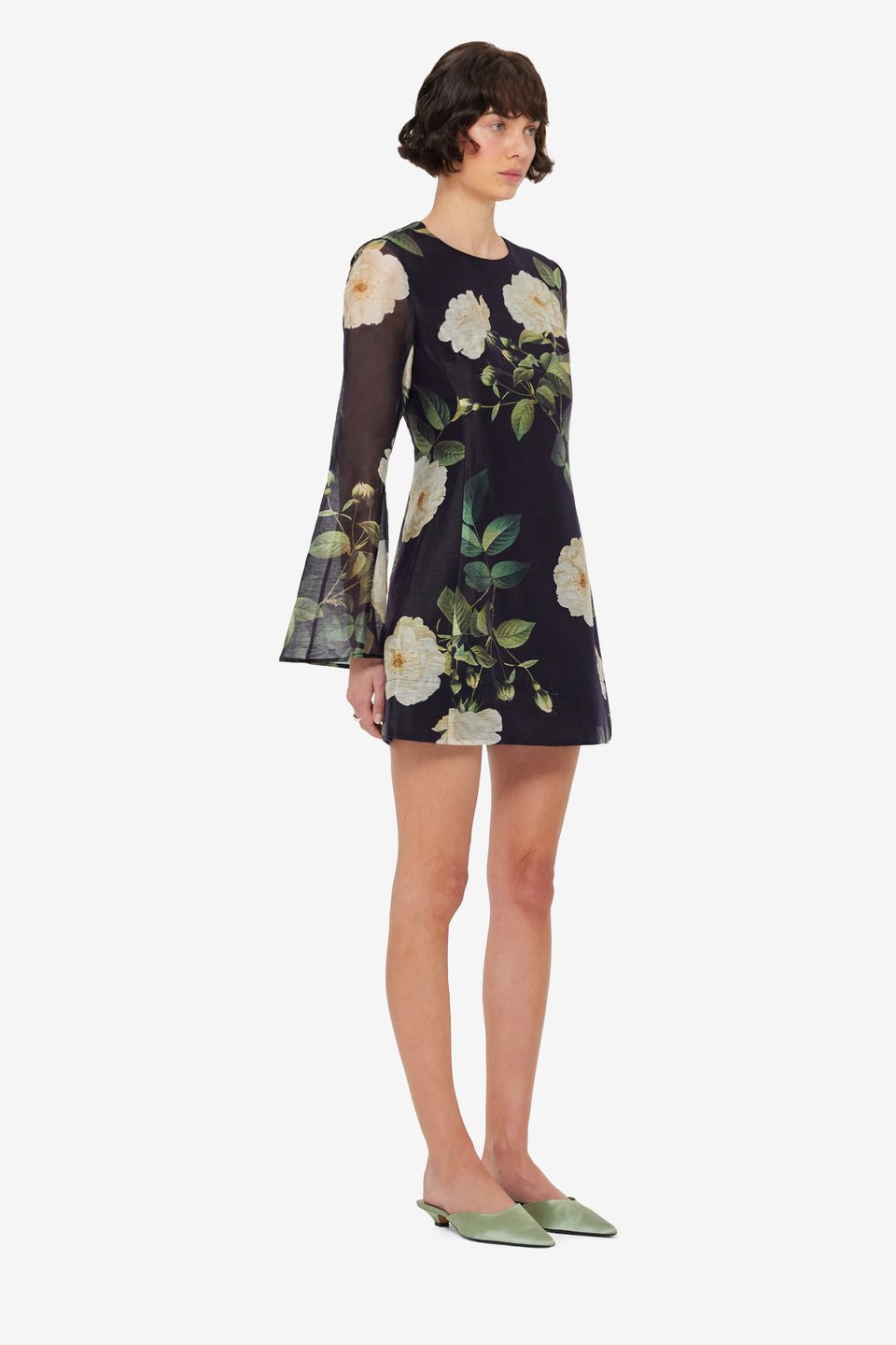 Suzanne Bell Sleeve Mini Dress - White Rose Print