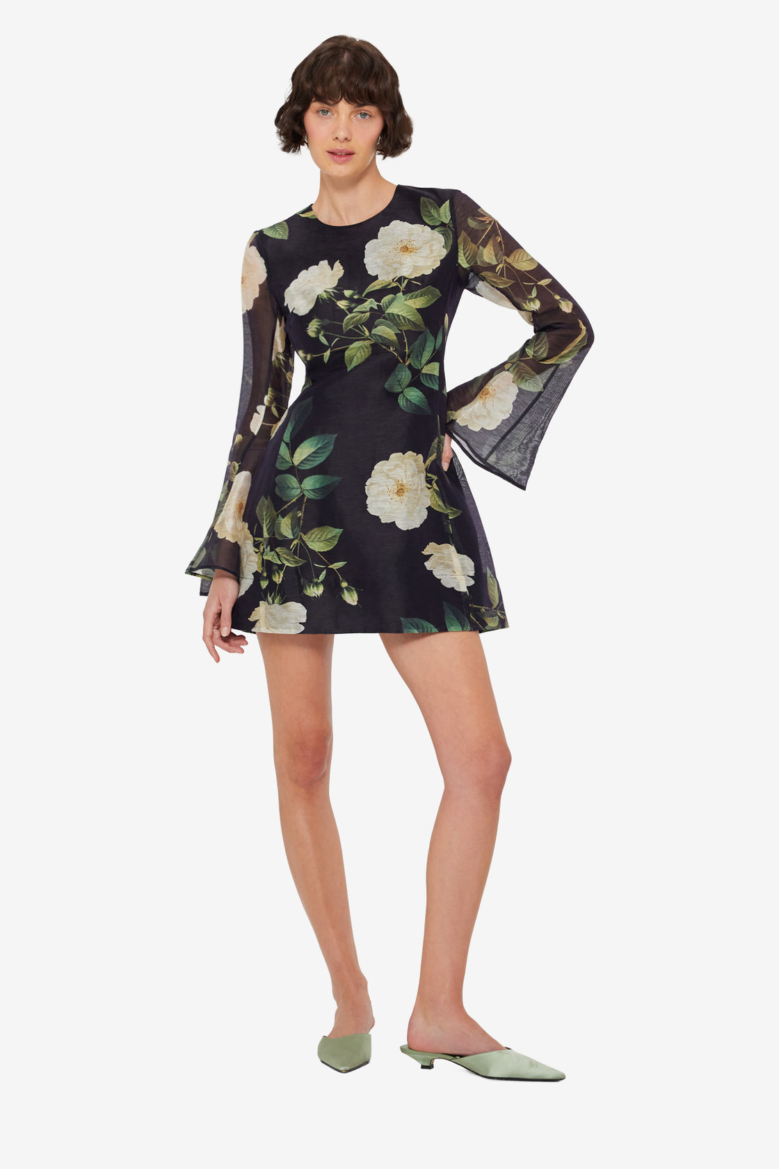 Suzanne Bell Sleeve Mini Dress - White Rose Print