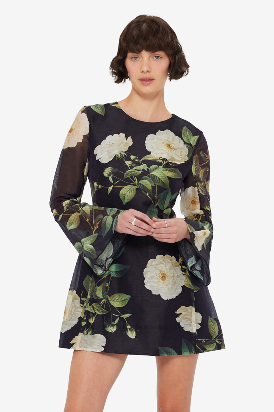 Suzanne Bell Sleeve Mini Dress - White Rose Print