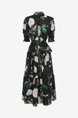 Ellie Bishop Sleeve Midi Dress - White Rose Print Dress Midi